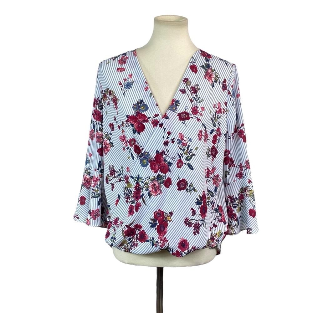 Woman’s A. Byer floral and stripe wrap blouse size XL
